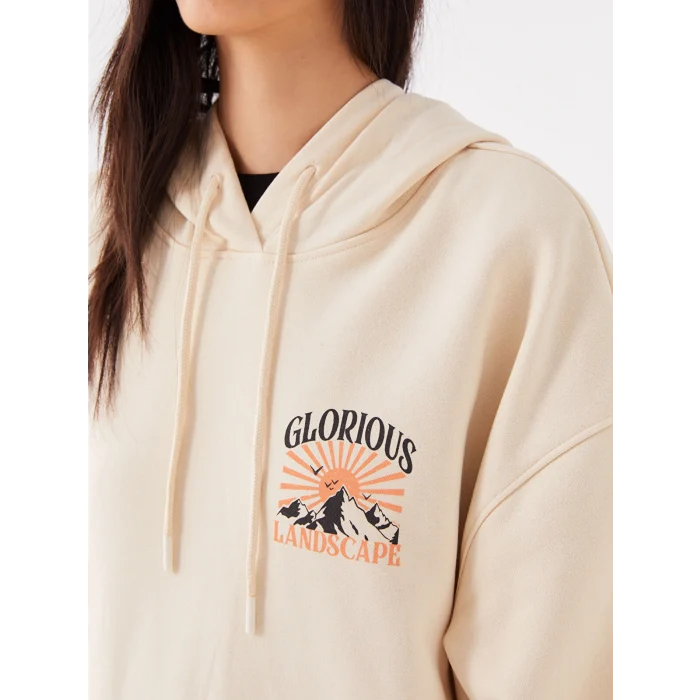LCW Vision Bej Baskılı Oversize Kadın Kalın Hoodie