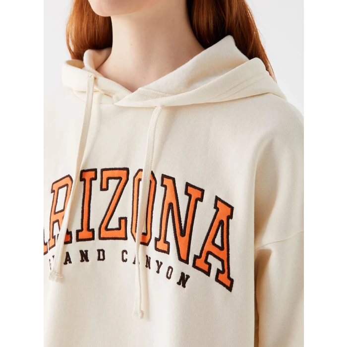 XSIDE Bej Baskılı Oversize Kadın Kalın Hoodie