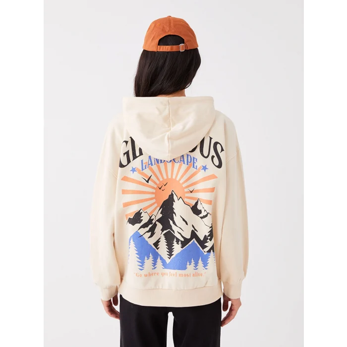 LCW Vision Bej Baskılı Oversize Kadın Kalın Hoodie