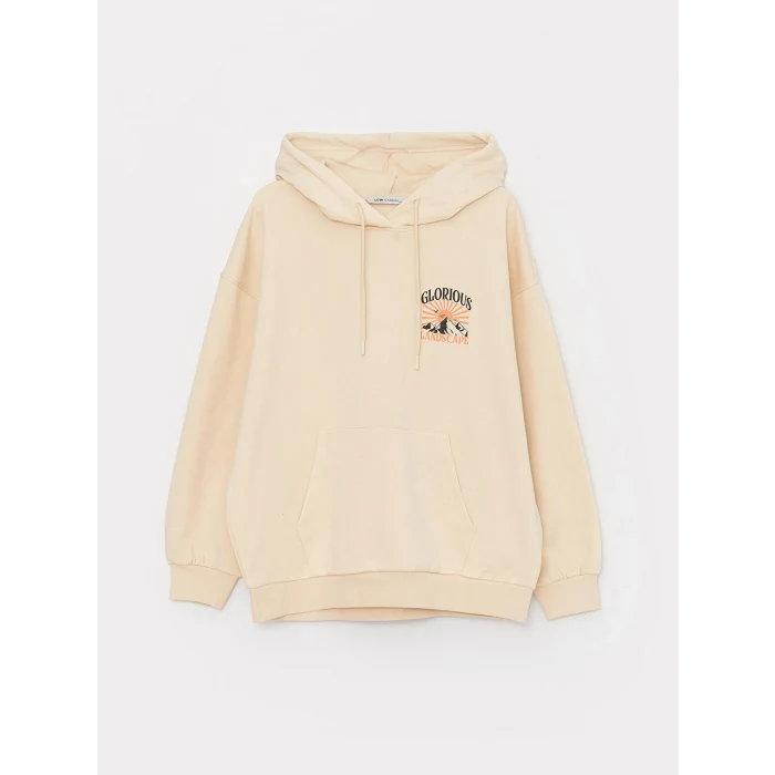 LCW Vision Bej Baskılı Oversize Kadın Kalın Hoodie
