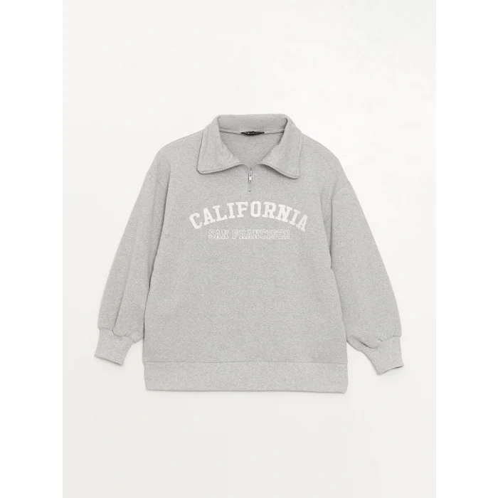 LCW Modest Gri Gömlek Yaka Baskılı Uzun Kollu Oversize Kadın Sweatshirt Tunik