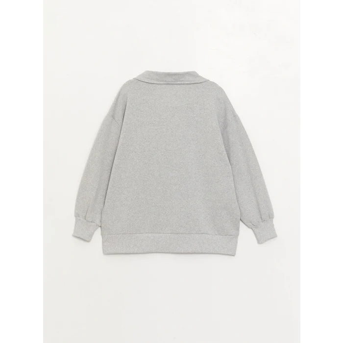 LCW Modest Gri Gömlek Yaka Baskılı Uzun Kollu Oversize Kadın Sweatshirt Tunik