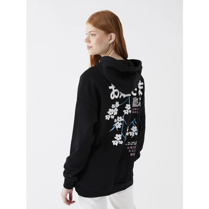 XSIDE Siyah Baskılı Oversize Kadın Kalın Hoodie