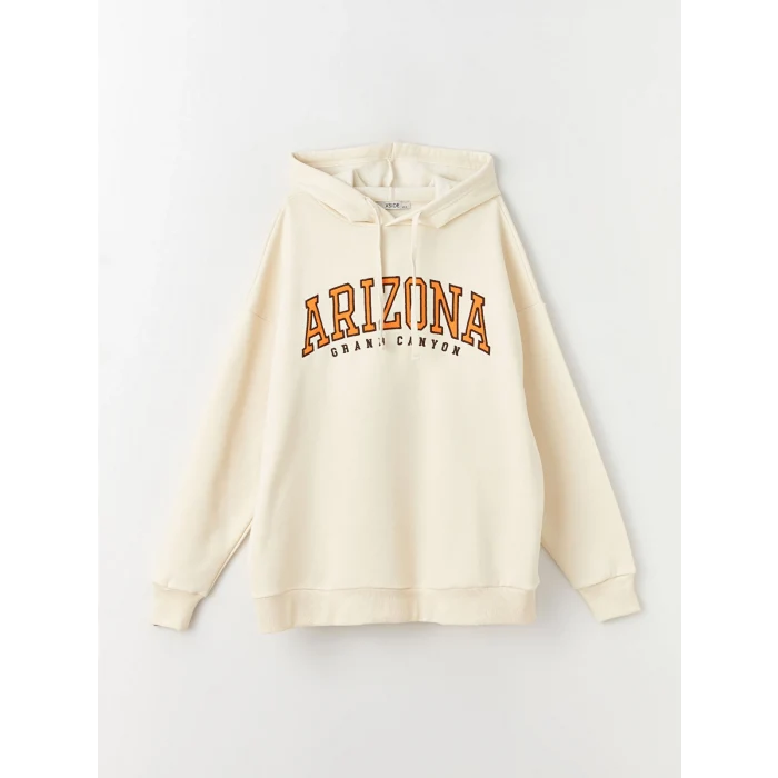 XSIDE Bej Baskılı Oversize Kadın Kalın Hoodie
