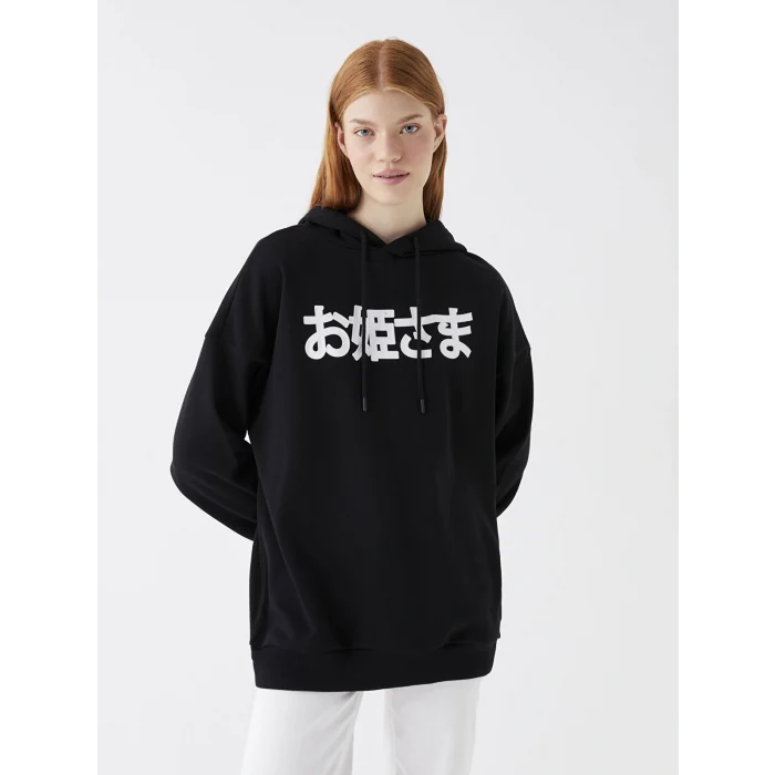 XSIDE Siyah Baskılı Oversize Kadın Kalın Hoodie