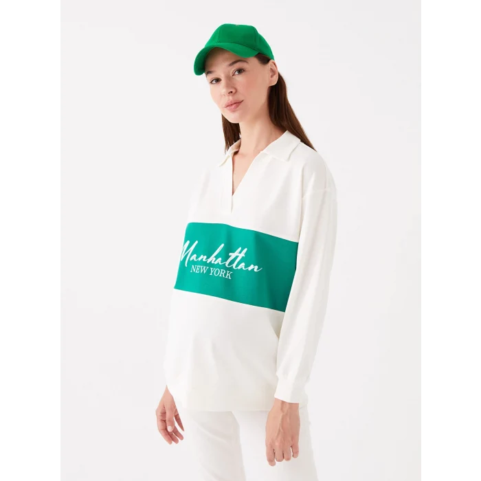LCWAIKIKI Maternity Beyaz Polo Yaka Baskılı Uzun Kollu Oversize Hamile Sweatshirt