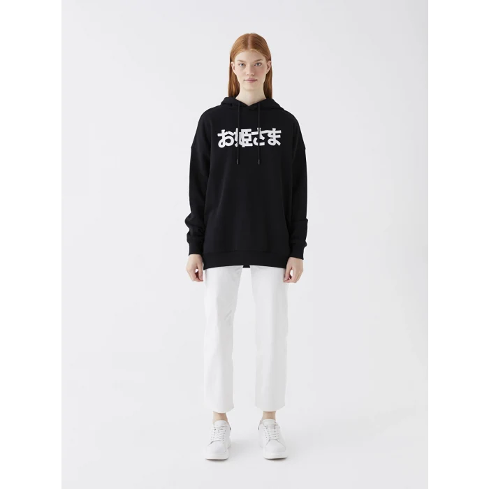 XSIDE Siyah Baskılı Oversize Kadın Kalın Hoodie