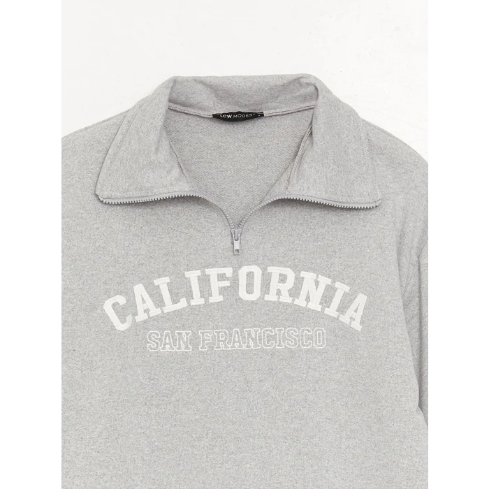 LCW Modest Gri Gömlek Yaka Baskılı Uzun Kollu Oversize Kadın Sweatshirt Tunik