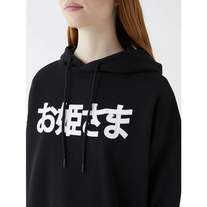 XSIDE Siyah Baskılı Oversize Kadın Kalın Hoodie