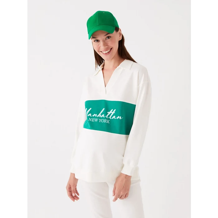 LCWAIKIKI Maternity Beyaz Polo Yaka Baskılı Uzun Kollu Oversize Hamile Sweatshirt