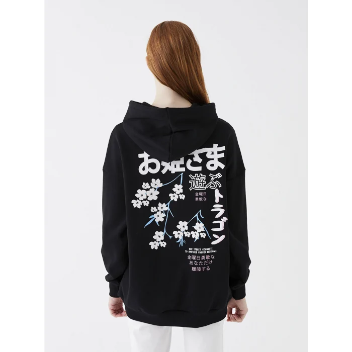 XSIDE Siyah Baskılı Oversize Kadın Kalın Hoodie