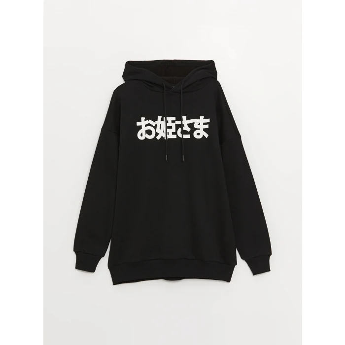 XSIDE Siyah Baskılı Oversize Kadın Kalın Hoodie