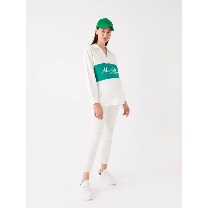LCWAIKIKI Maternity Beyaz Polo Yaka Baskılı Uzun Kollu Oversize Hamile Sweatshirt