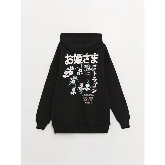 XSIDE Siyah Baskılı Oversize Kadın Kalın Hoodie