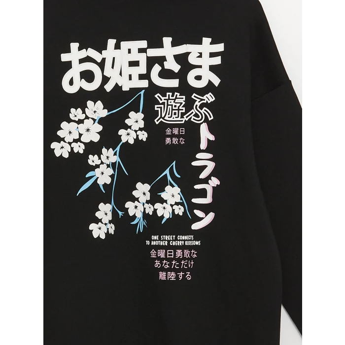 XSIDE Siyah Baskılı Oversize Kadın Kalın Hoodie