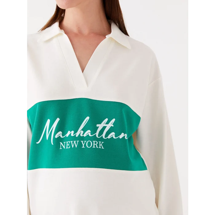 LCWAIKIKI Maternity Beyaz Polo Yaka Baskılı Uzun Kollu Oversize Hamile Sweatshirt