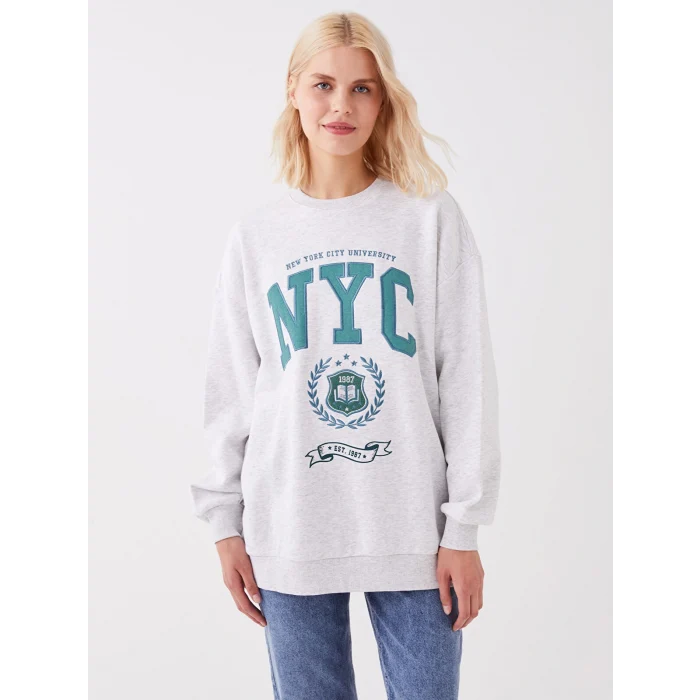 LCW Vision Gri Bisiklet Yaka Baskılı Oversize Kadın Kalın Sweatshirt
