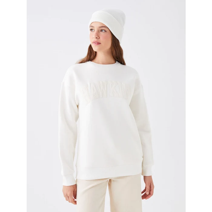 LCW Vision Ekru Bisiklet Yaka Nakışlı Kadın Kalın Sweatshirt