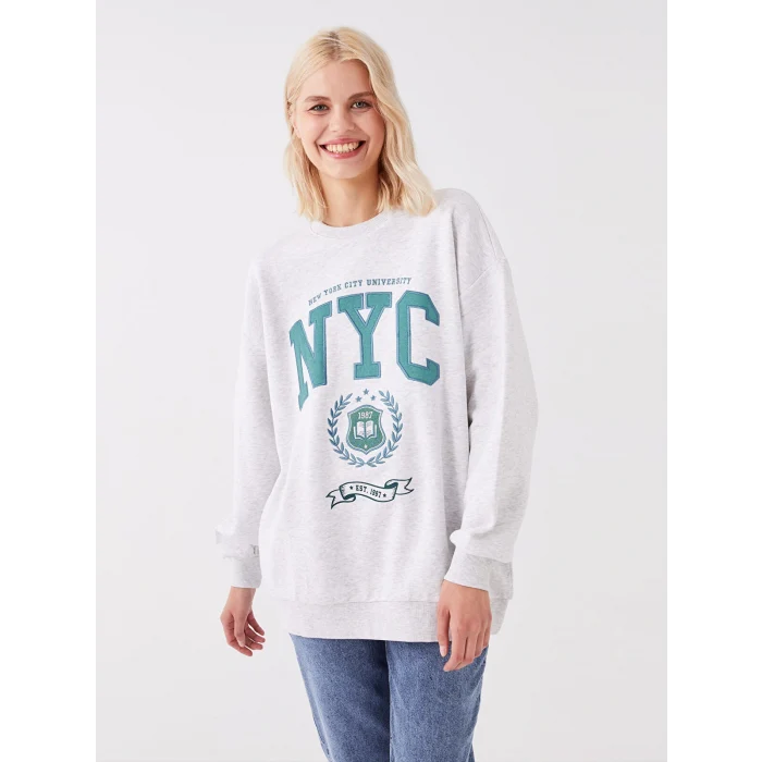 LCW Vision Gri Bisiklet Yaka Baskılı Oversize Kadın Kalın Sweatshirt
