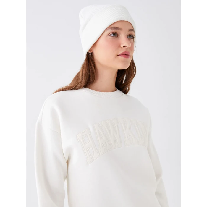LCW Vision Ekru Bisiklet Yaka Nakışlı Kadın Kalın Sweatshirt