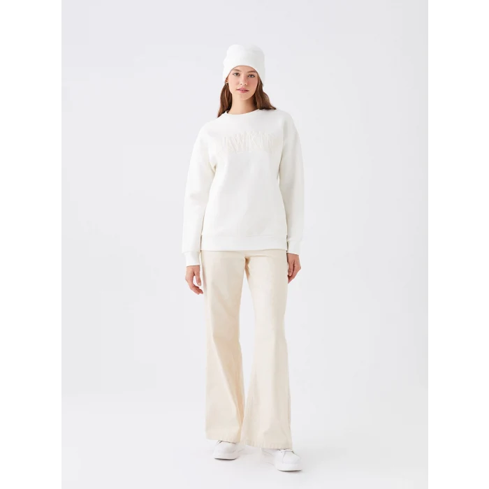 LCW Vision Ekru Bisiklet Yaka Nakışlı Kadın Kalın Sweatshirt