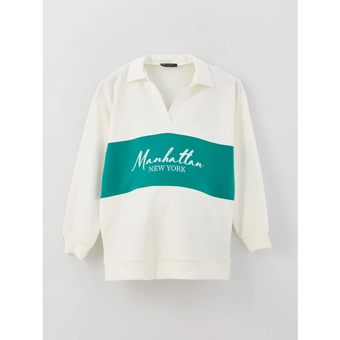 LCWAIKIKI Maternity Beyaz Polo Yaka Baskılı Uzun Kollu Oversize Hamile Sweatshirt
