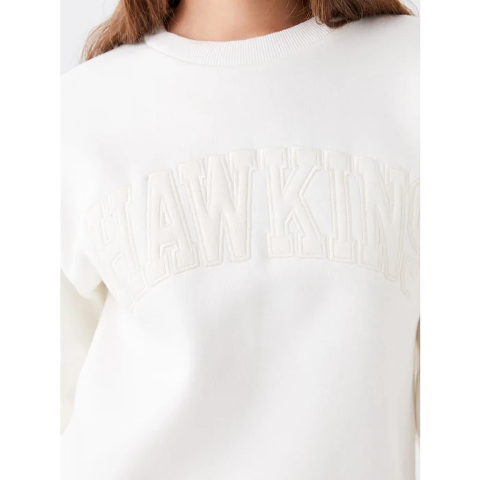 LCW Vision Ekru Bisiklet Yaka Nakışlı Kadın Kalın Sweatshirt