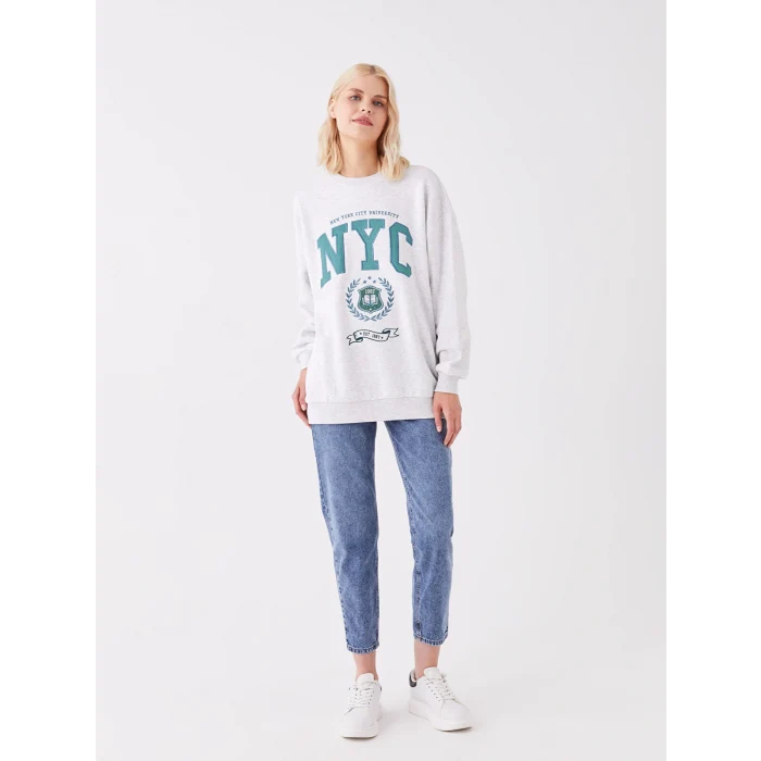 LCW Vision Gri Bisiklet Yaka Baskılı Oversize Kadın Kalın Sweatshirt