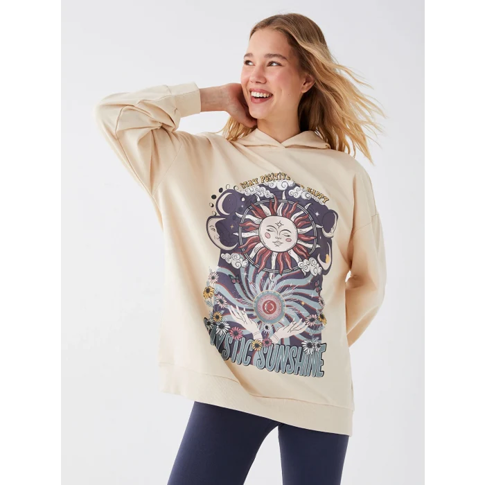 LCW Vision Bej Baskılı Uzun Kollu Oversize Kadın Hoodie