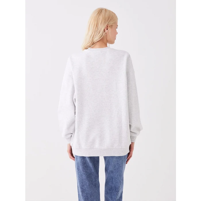 LCW Vision Gri Bisiklet Yaka Baskılı Oversize Kadın Kalın Sweatshirt
