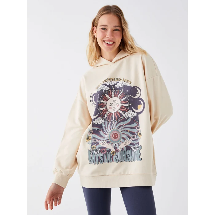 LCW Vision Bej Baskılı Uzun Kollu Oversize Kadın Hoodie