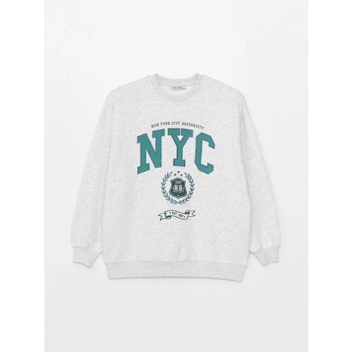 LCW Vision Gri Bisiklet Yaka Baskılı Oversize Kadın Kalın Sweatshirt