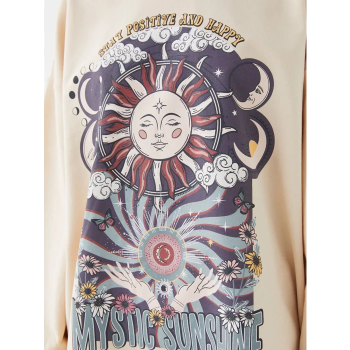 LCW Vision Bej Baskılı Uzun Kollu Oversize Kadın Hoodie