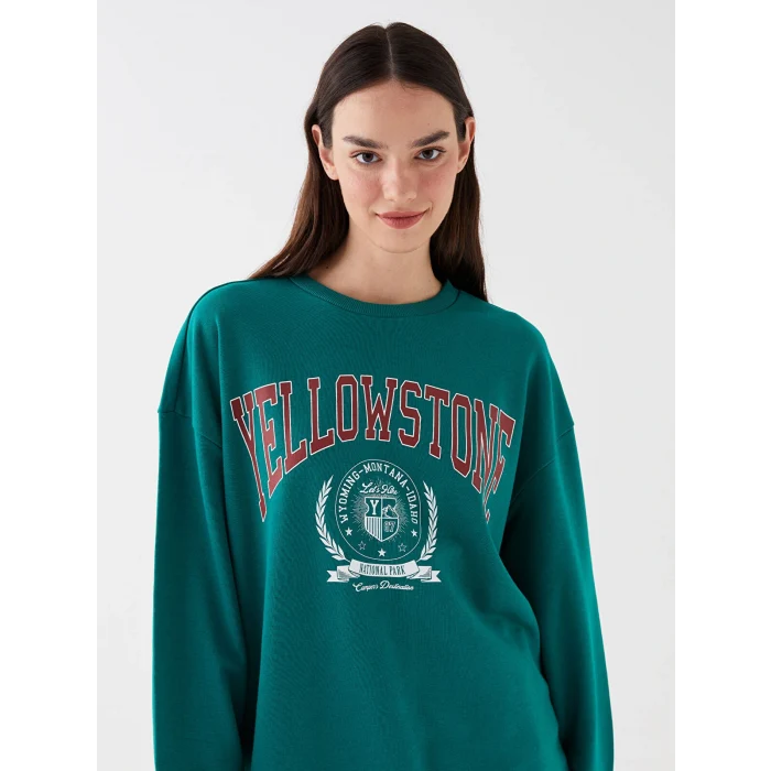 LCW Vision Yeşil Bisiklet Yaka Baskılı Uzun Kollu Oversize Kadın Sweatshirt