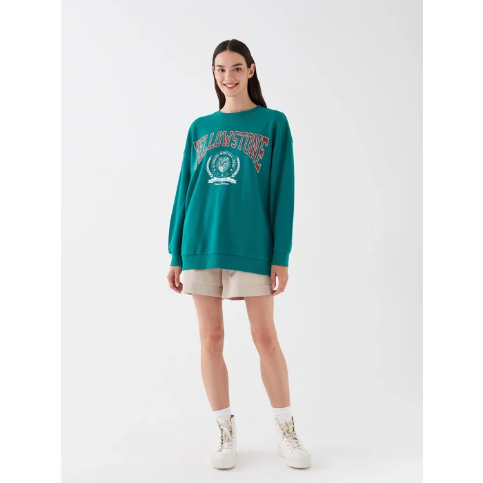 LCW Vision Yeşil Bisiklet Yaka Baskılı Uzun Kollu Oversize Kadın Sweatshirt