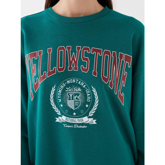 LCW Vision Yeşil Bisiklet Yaka Baskılı Uzun Kollu Oversize Kadın Sweatshirt