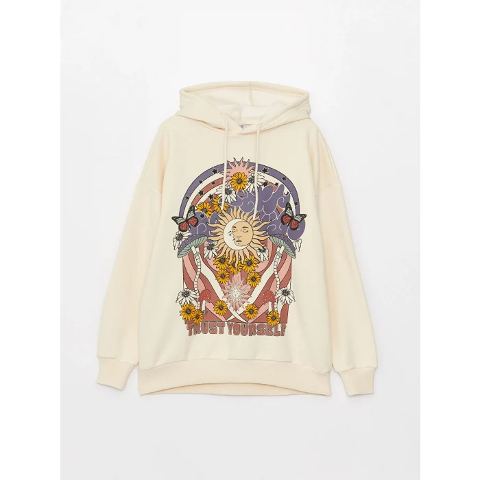 XSIDE Bej Baskılı Oversize Kadın Kalın Hoodie