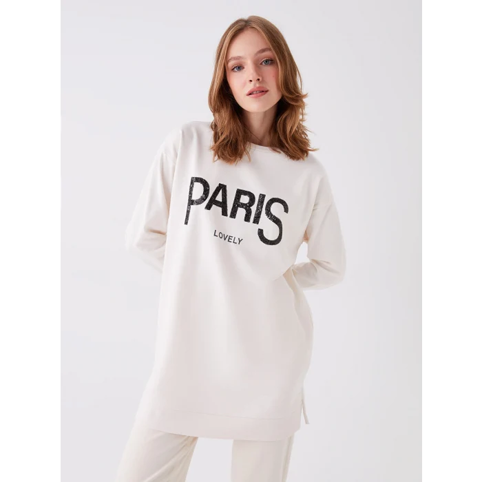LCWAIKIKI Basic Ekru Bisiklet Yaka Baskılı Uzun Kollu Oversize Kadın Sweatshirt Tunik