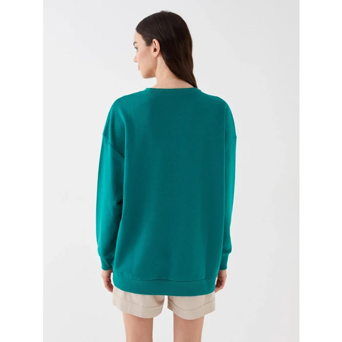 LCW Vision Yeşil Bisiklet Yaka Baskılı Uzun Kollu Oversize Kadın Sweatshirt