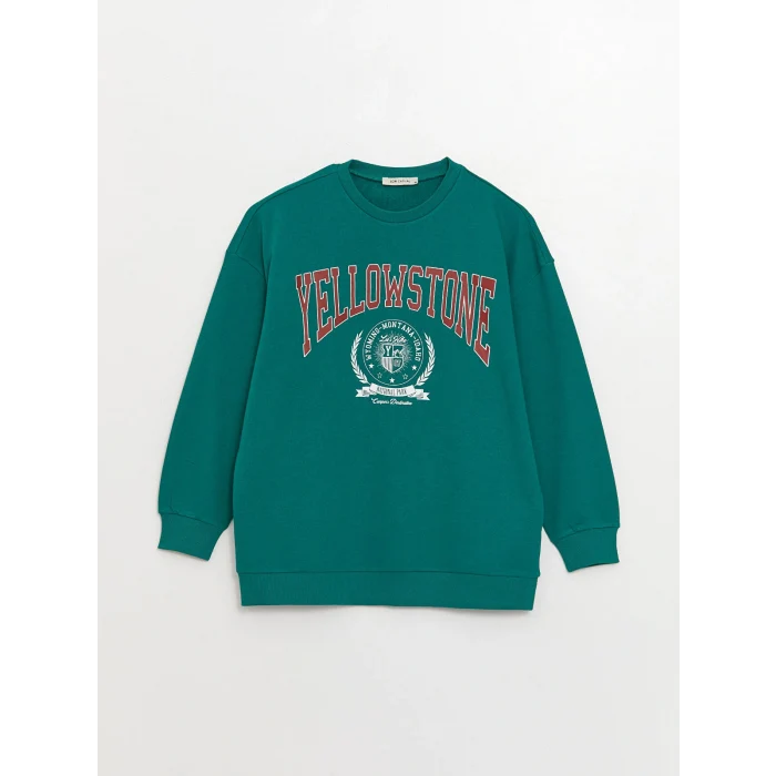 LCW Vision Yeşil Bisiklet Yaka Baskılı Uzun Kollu Oversize Kadın Sweatshirt