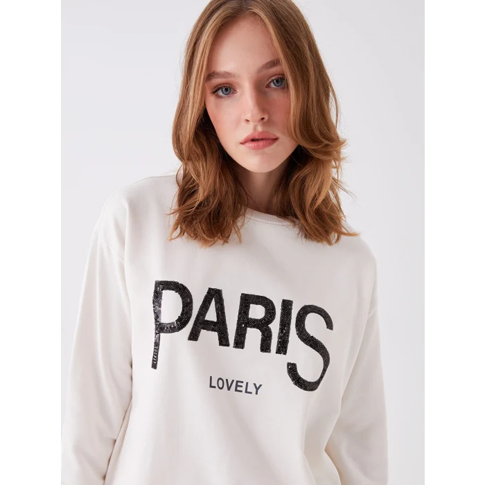 LCWAIKIKI Basic Ekru Bisiklet Yaka Baskılı Uzun Kollu Oversize Kadın Sweatshirt Tunik