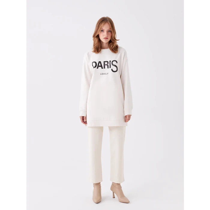 LCWAIKIKI Basic Ekru Bisiklet Yaka Baskılı Uzun Kollu Oversize Kadın Sweatshirt Tunik