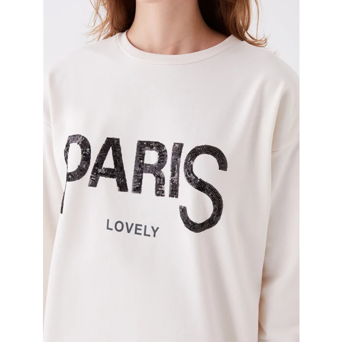 LCWAIKIKI Basic Ekru Bisiklet Yaka Baskılı Uzun Kollu Oversize Kadın Sweatshirt Tunik