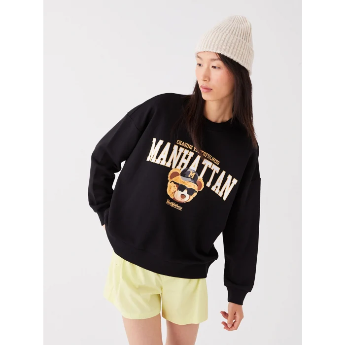 LCW Vision Siyah Bisiklet Yaka Baskılı Uzun Kollu Oversize Kadın Sweatshirt