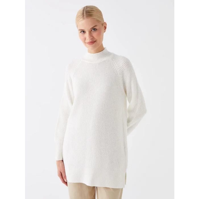 LCW Modest Ekru Yarım Balıkçı Yaka Düz Uzun Kollu Kadın Triko Tunik