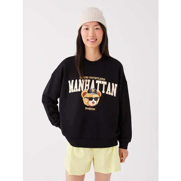 LCW Vision Siyah Bisiklet Yaka Baskılı Uzun Kollu Oversize Kadın Sweatshirt