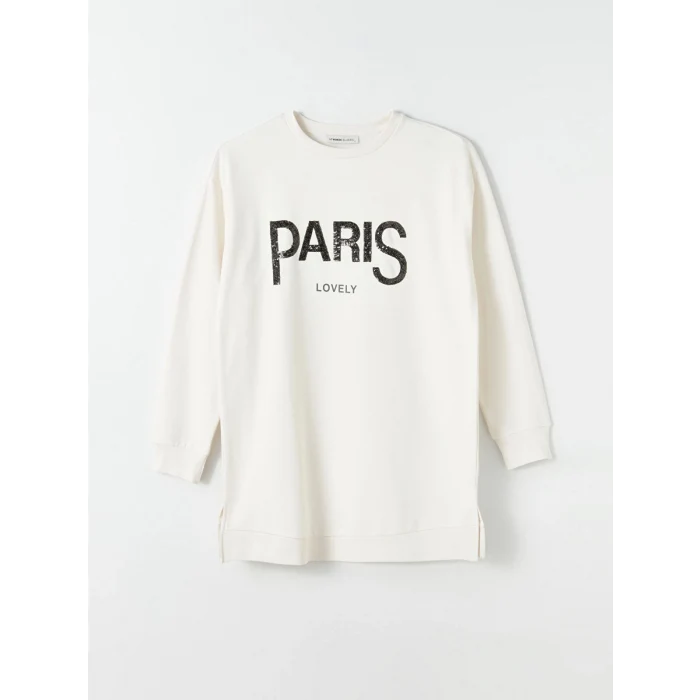 LCWAIKIKI Basic Ekru Bisiklet Yaka Baskılı Uzun Kollu Oversize Kadın Sweatshirt Tunik