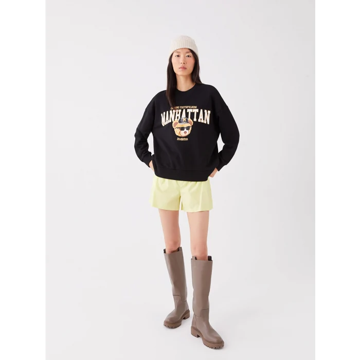 LCW Vision Siyah Bisiklet Yaka Baskılı Uzun Kollu Oversize Kadın Sweatshirt