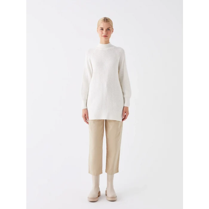 LCW Modest Ekru Yarım Balıkçı Yaka Düz Uzun Kollu Kadın Triko Tunik