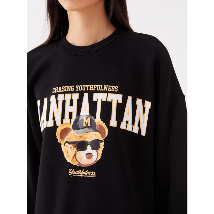 LCW Vision Siyah Bisiklet Yaka Baskılı Uzun Kollu Oversize Kadın Sweatshirt